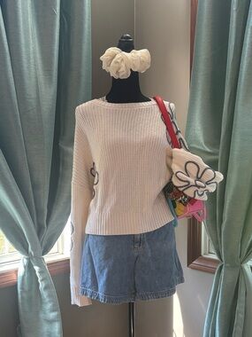 Originality Cream Floral Knit Cropped Sweater Women’s Medium Cottagecore